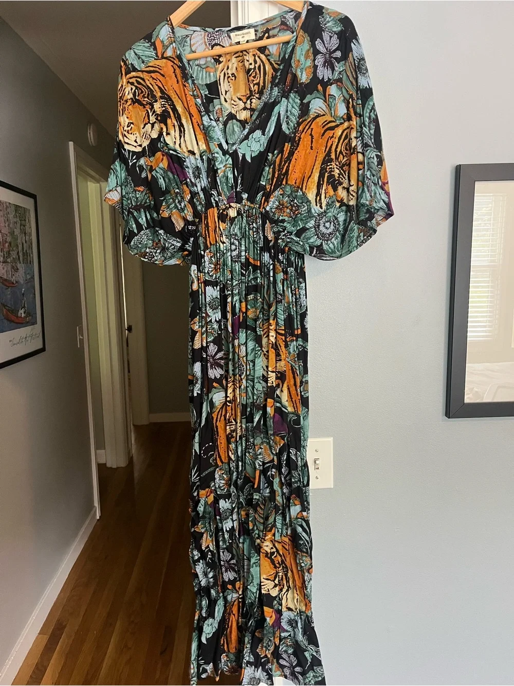 Cost Plus World Market Black Maxi Dress with Orange Tiger & Teal Floral Print - Picture 1 of 3